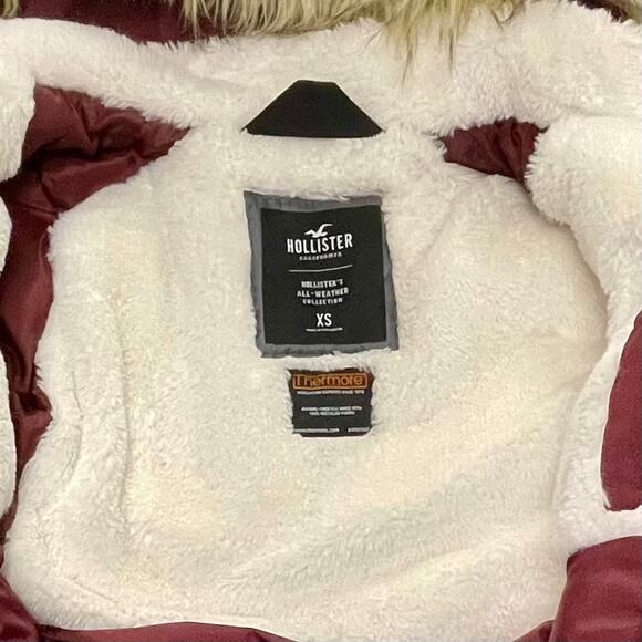 Hollister Thermore Faux Fur Hooded Parka XS Burgundy All-Weather 3/4 Coat - Picture 9 of 13